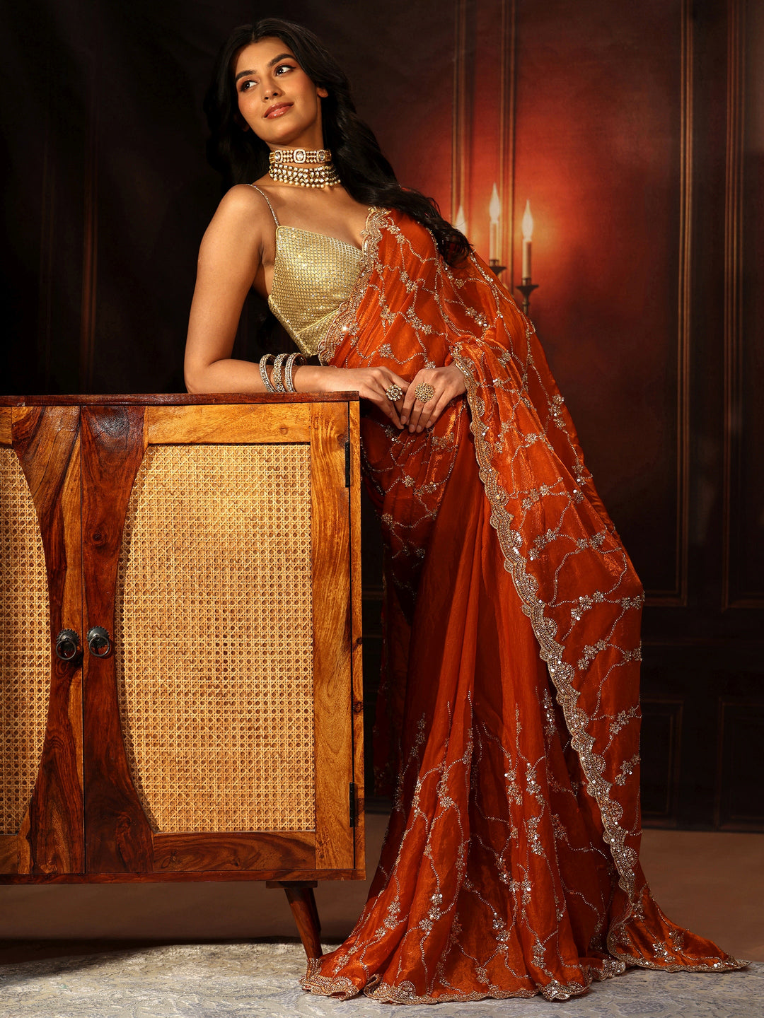 Libas Art Orange Embellished Tissue Saree