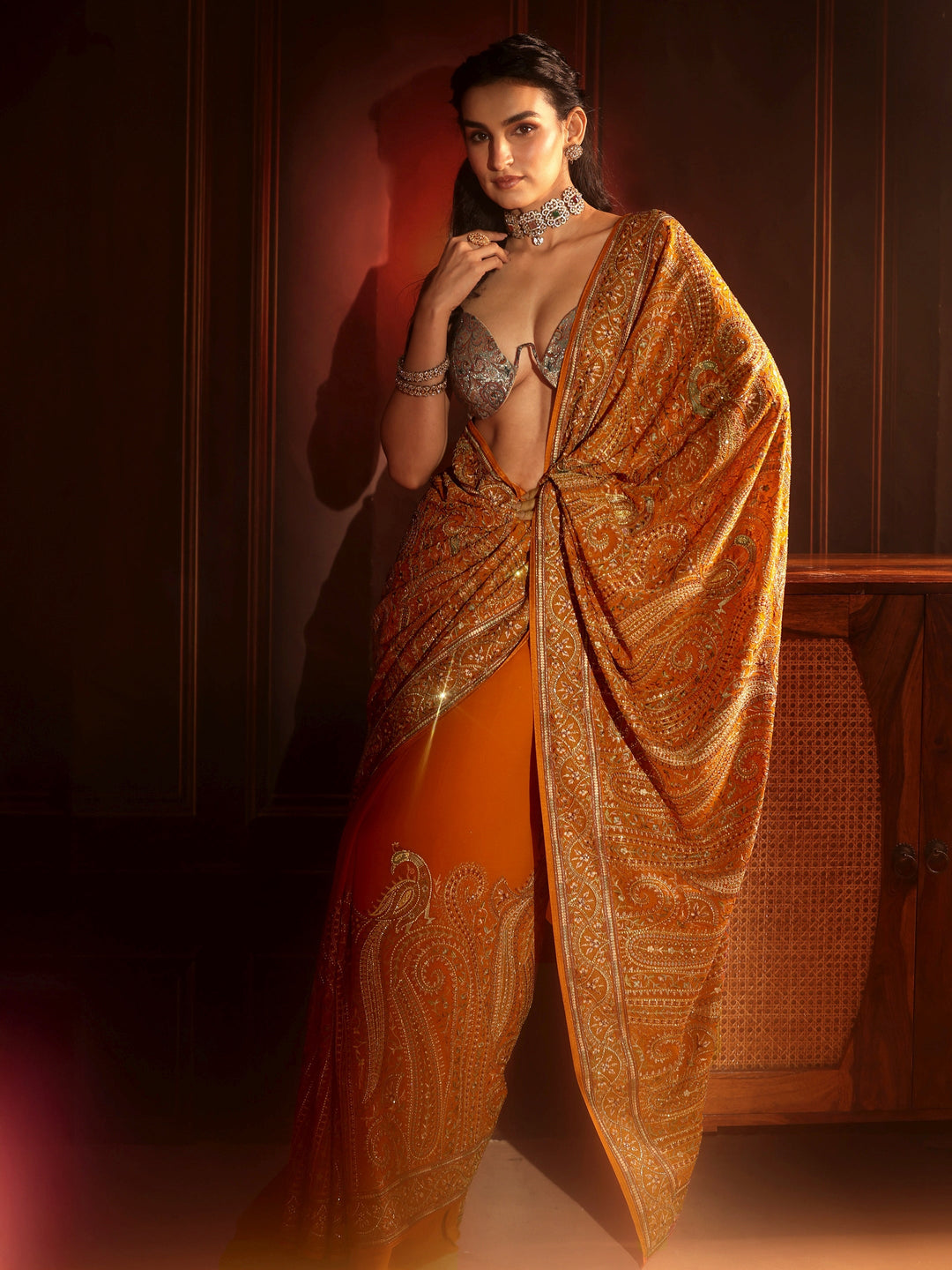 Libas Art Orange Embroidered Georgette Saree