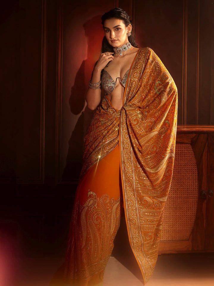 Libas Art Orange Embroidered Georgette Saree