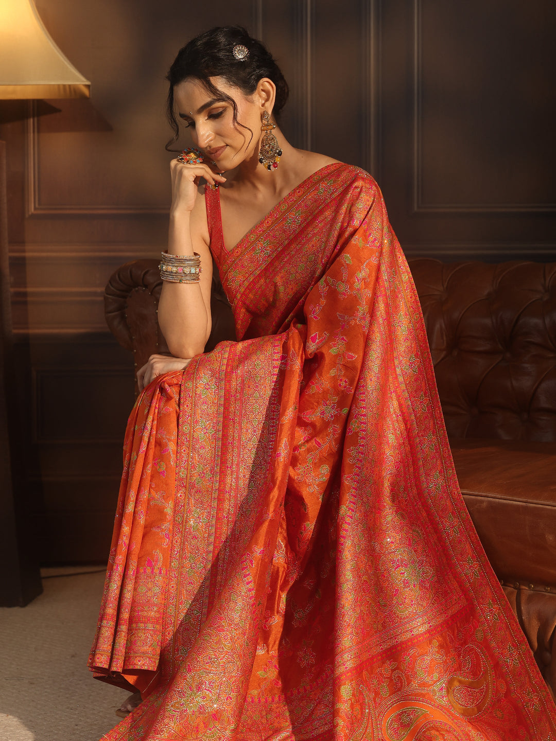 Libas Art Orange Floral Design Embellished Silk Blend Saree