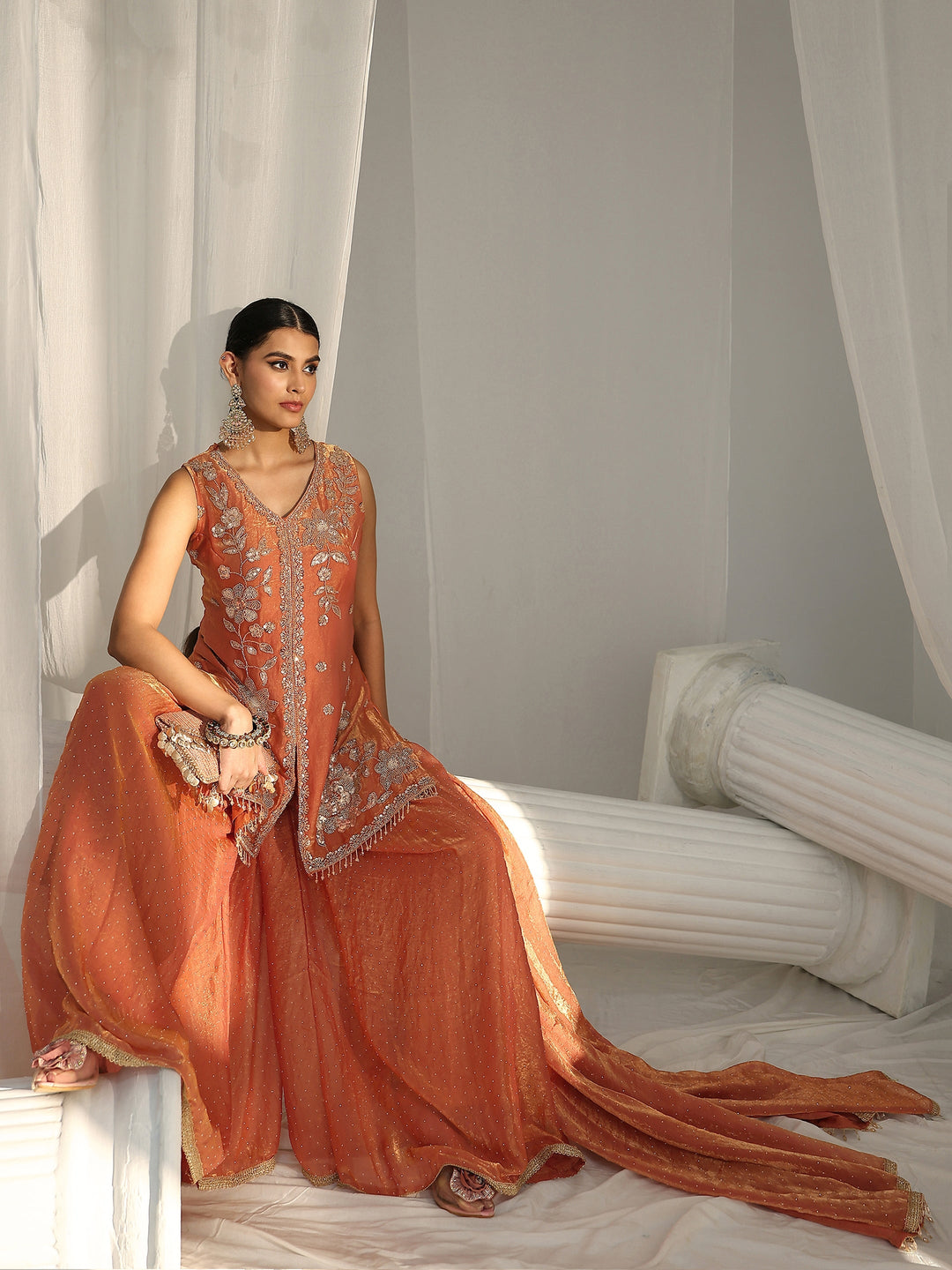 Libas Art Orange Floral Embellished Sleeveless Silk Blend Palazzo Suit Set