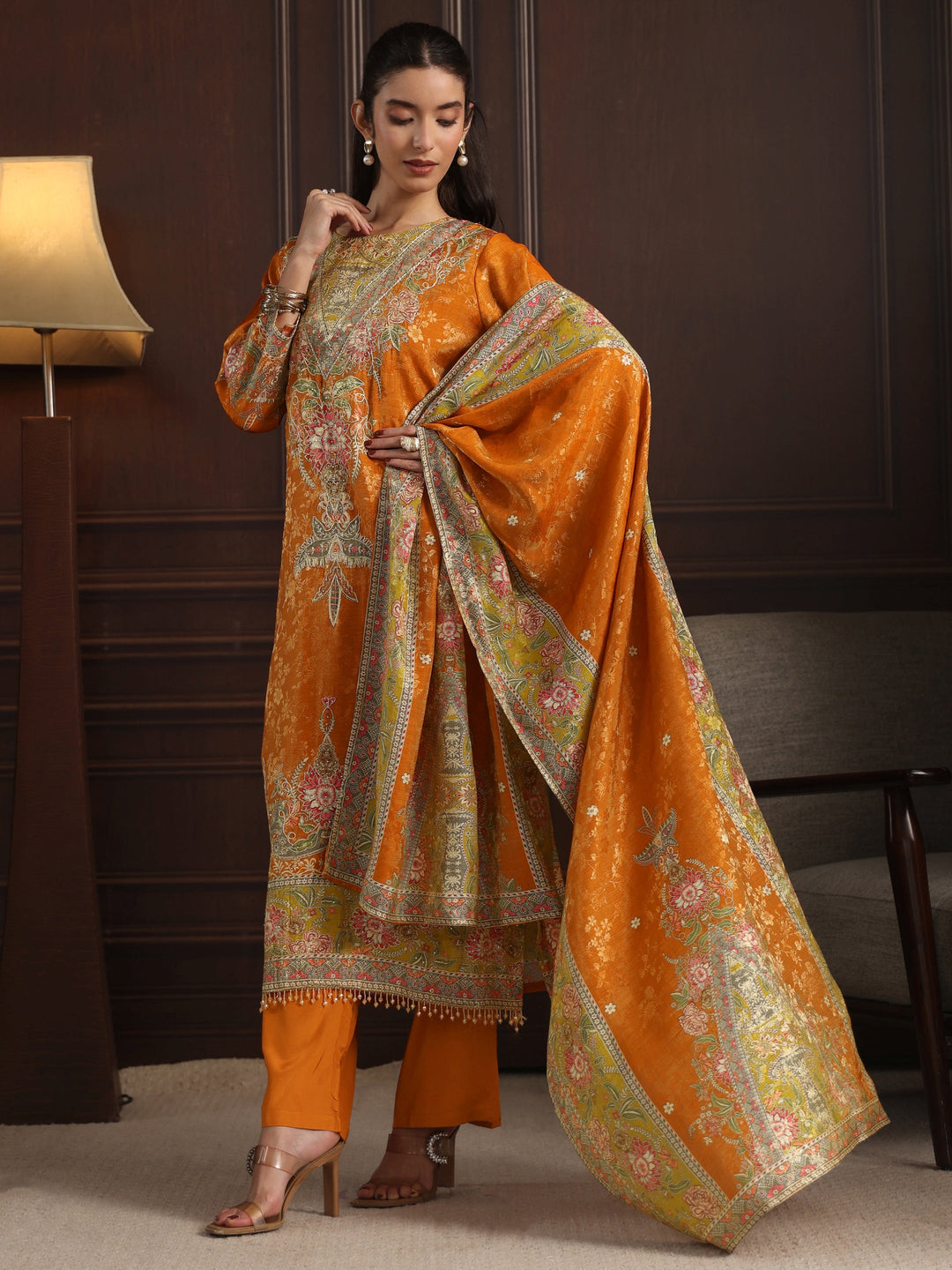 Libas Art Orange Floral Embroidered Chanderi Silk Straight Suit Set
