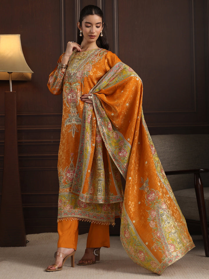 Libas Art Orange Floral Embroidered Chanderi Silk Straight Suit Set