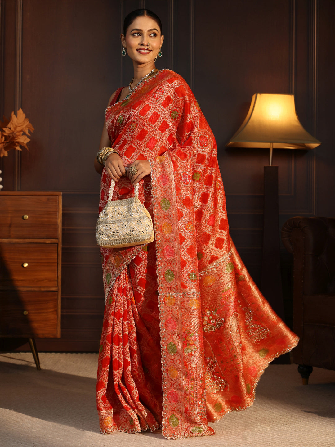 Libas Art Orange Floral Stone Work Embellished Chiffon Saree
