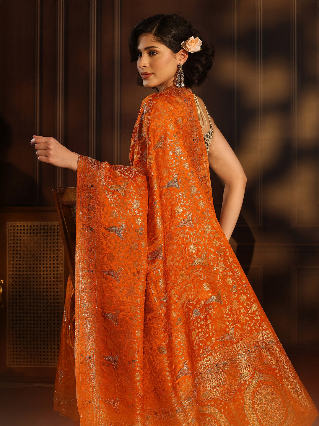 Libas Art Orange Floral Woven Design Silk Blend Saree with Stone Work
