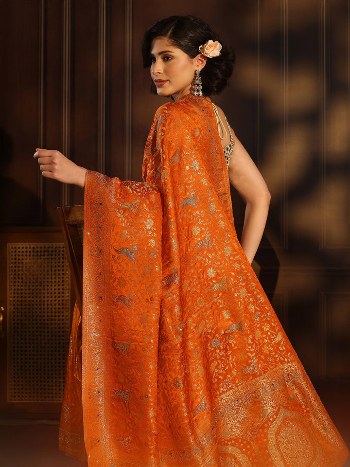 Libas Art Orange Floral Woven Design Silk Blend Saree with Stone Work