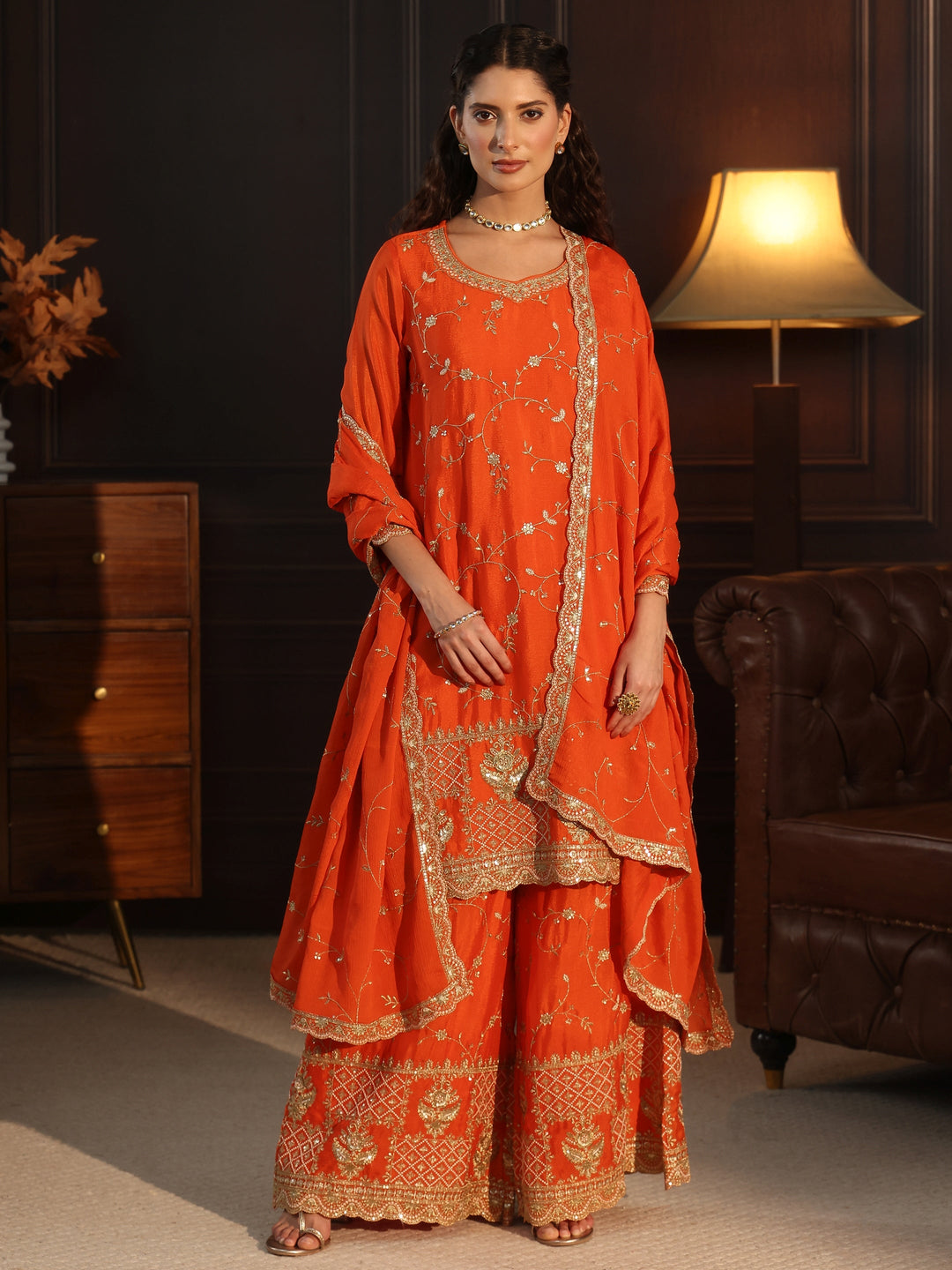 Libas Art Orange Floral Zari Embroidered Chinon Palazzo Suit Set
