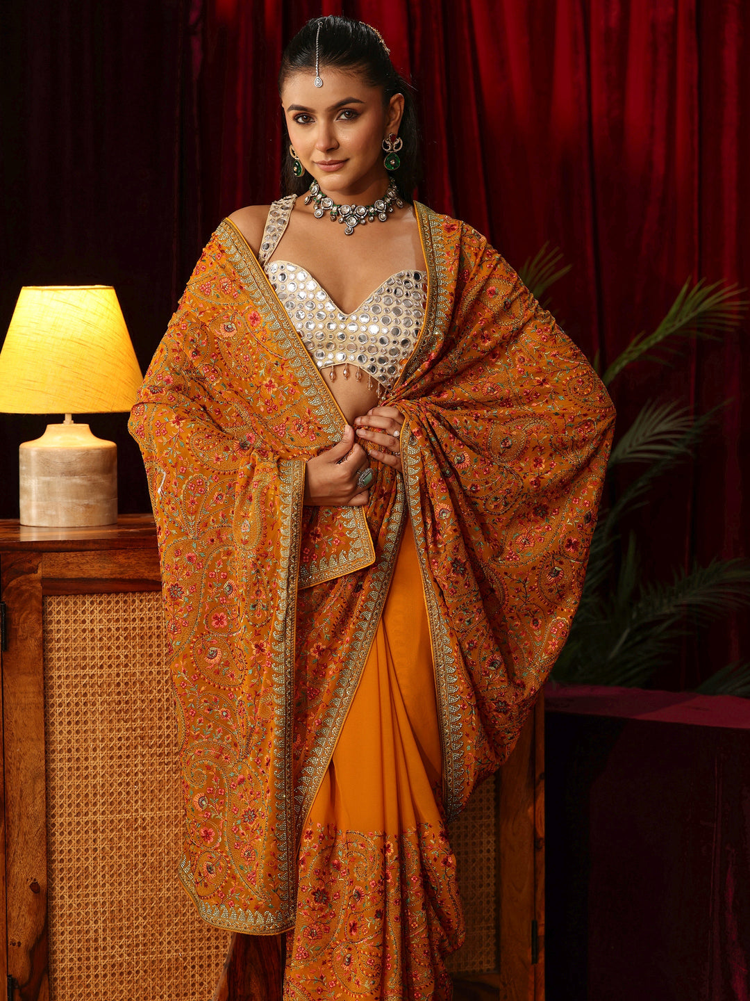 Libas Art Orange Paisley Embroidered Georgette Saree