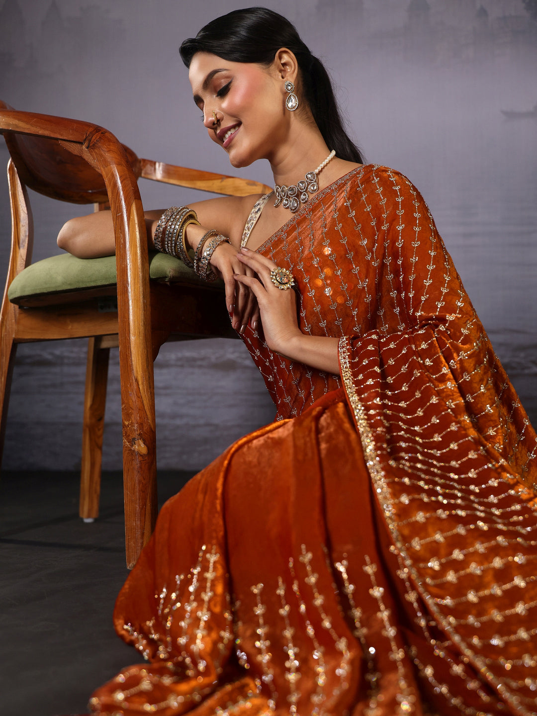 Libas Art Orange Stone Work Embellished Tissue Saree