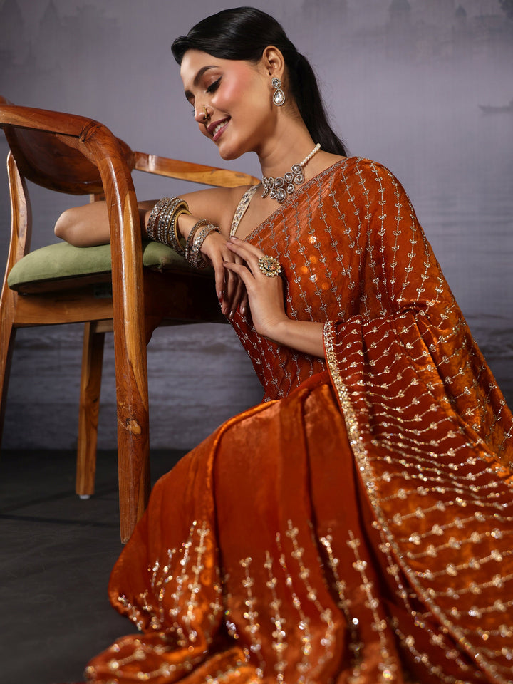 Libas Art Orange Stone Work Embellished Tissue Saree