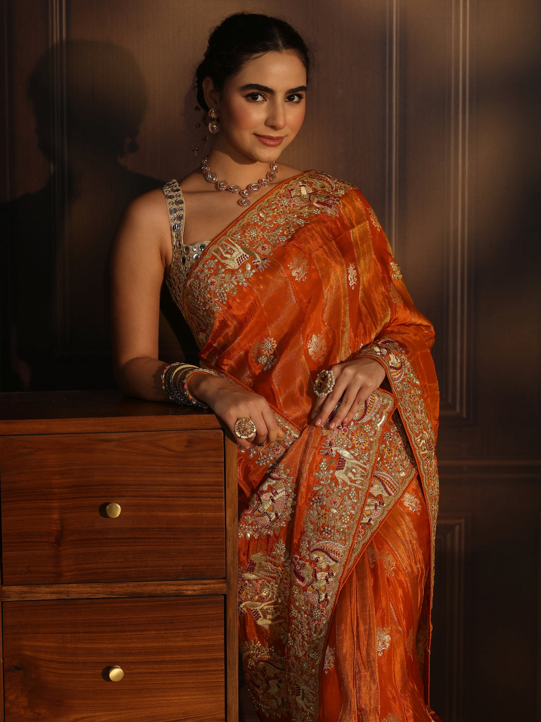 Libas Art Orange Striped Satin Saree with Embellished Border