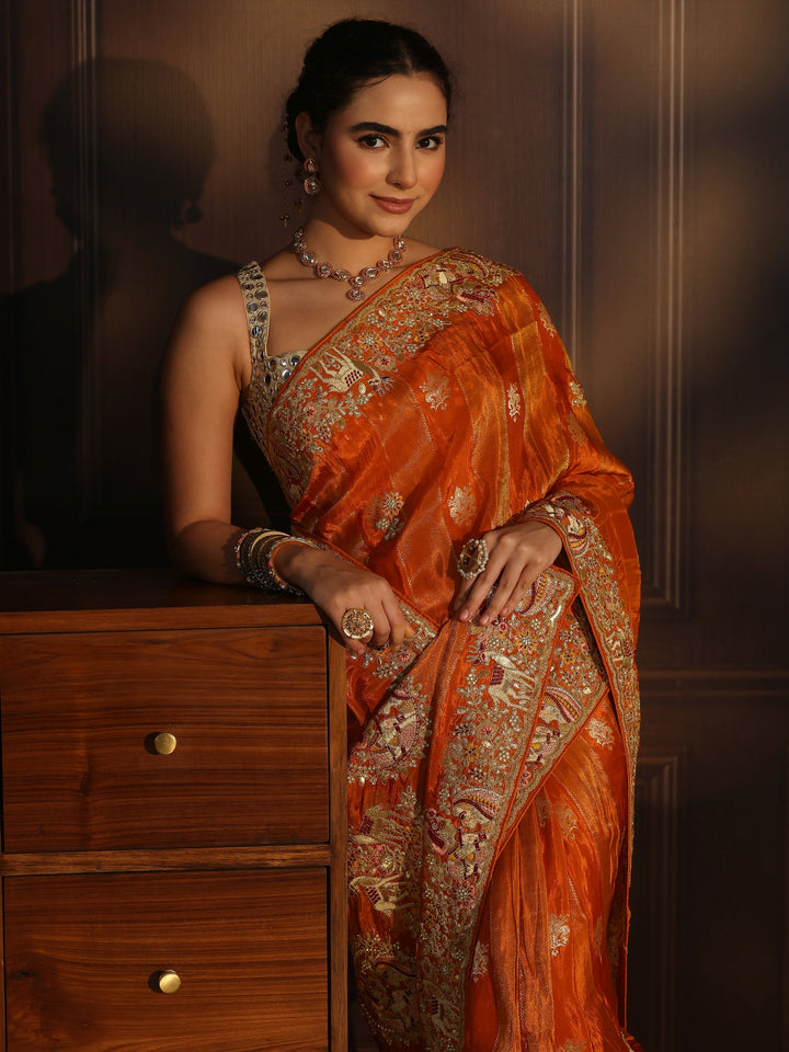Libas Art Orange Striped Satin Saree with Embellished Border