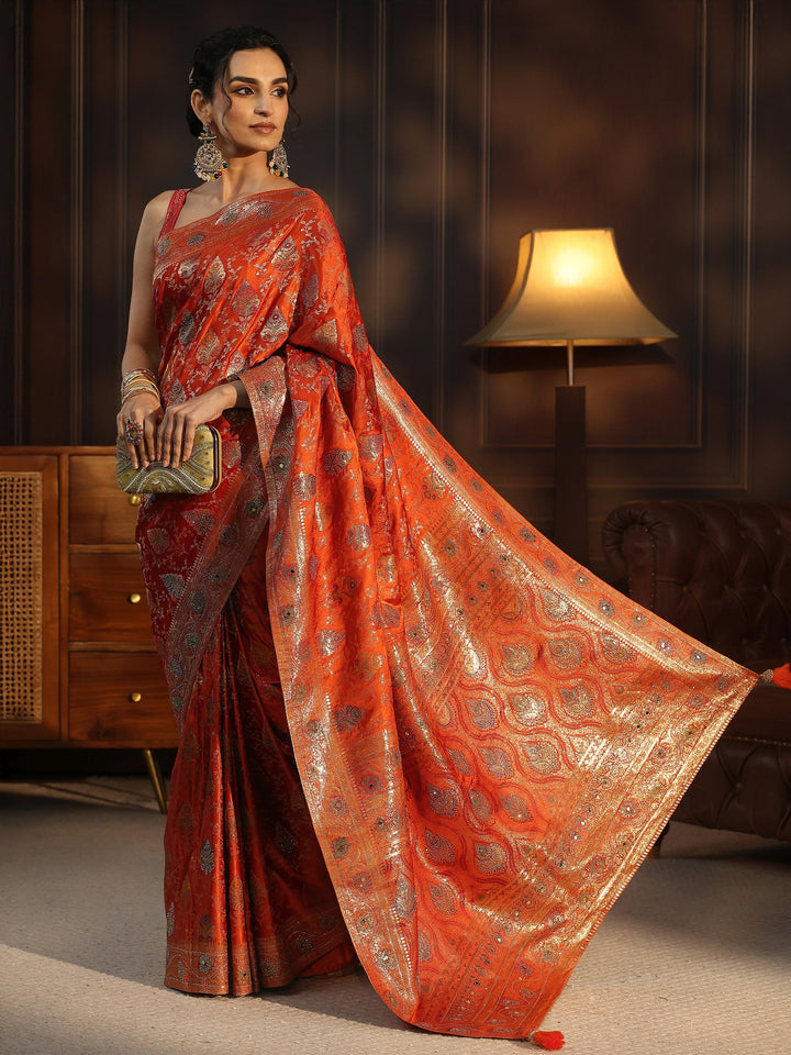 Libas Art Orange Woven Design Satin Saree with Stone Work