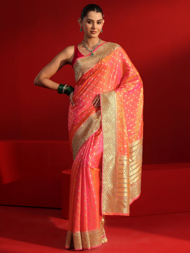 Libas Art Orange Woven Design Silk Blend Saree with Embellished Border