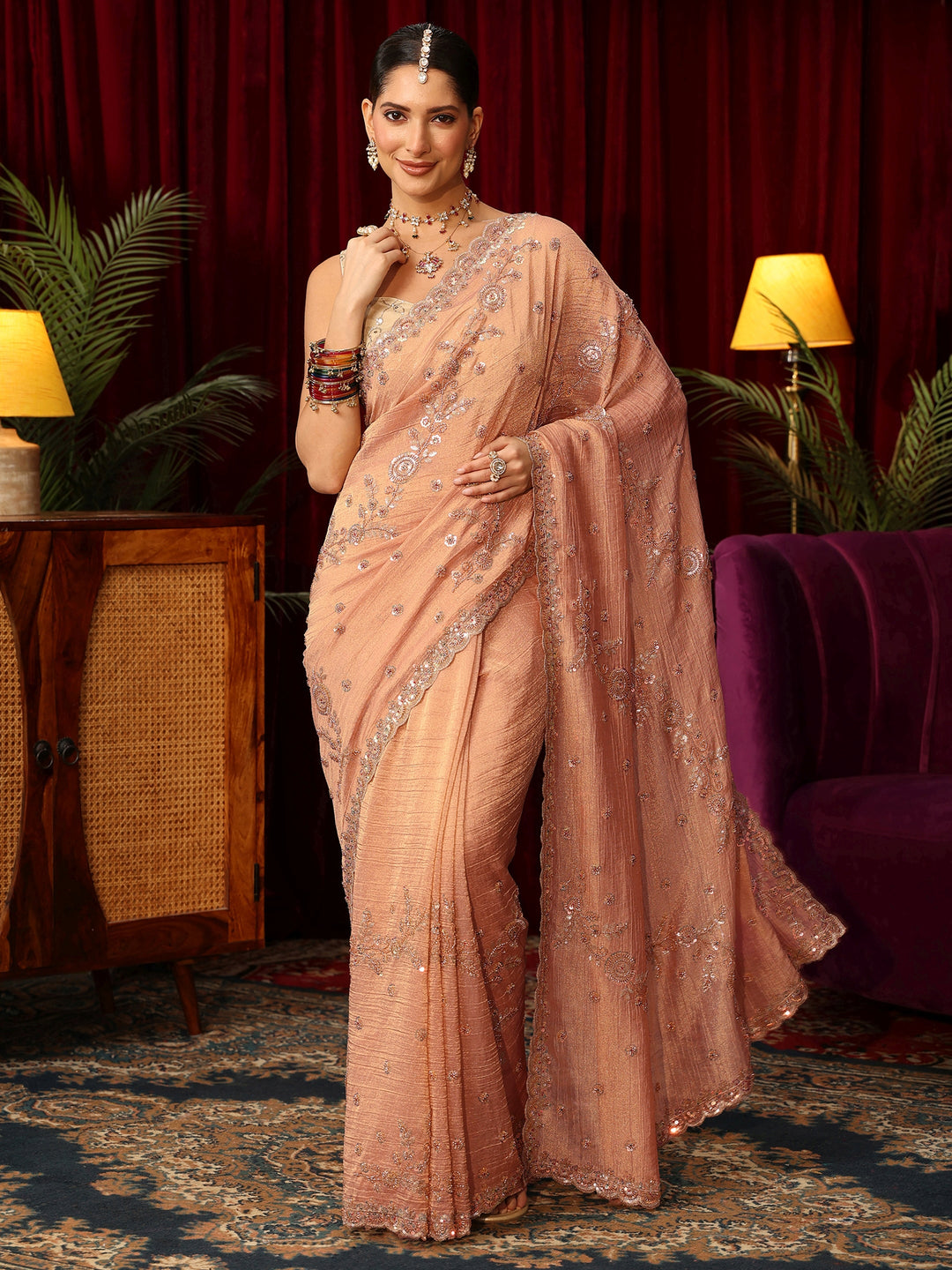 Libas Art Peach Beads and Sequin Floral Embellished Tissue Saree