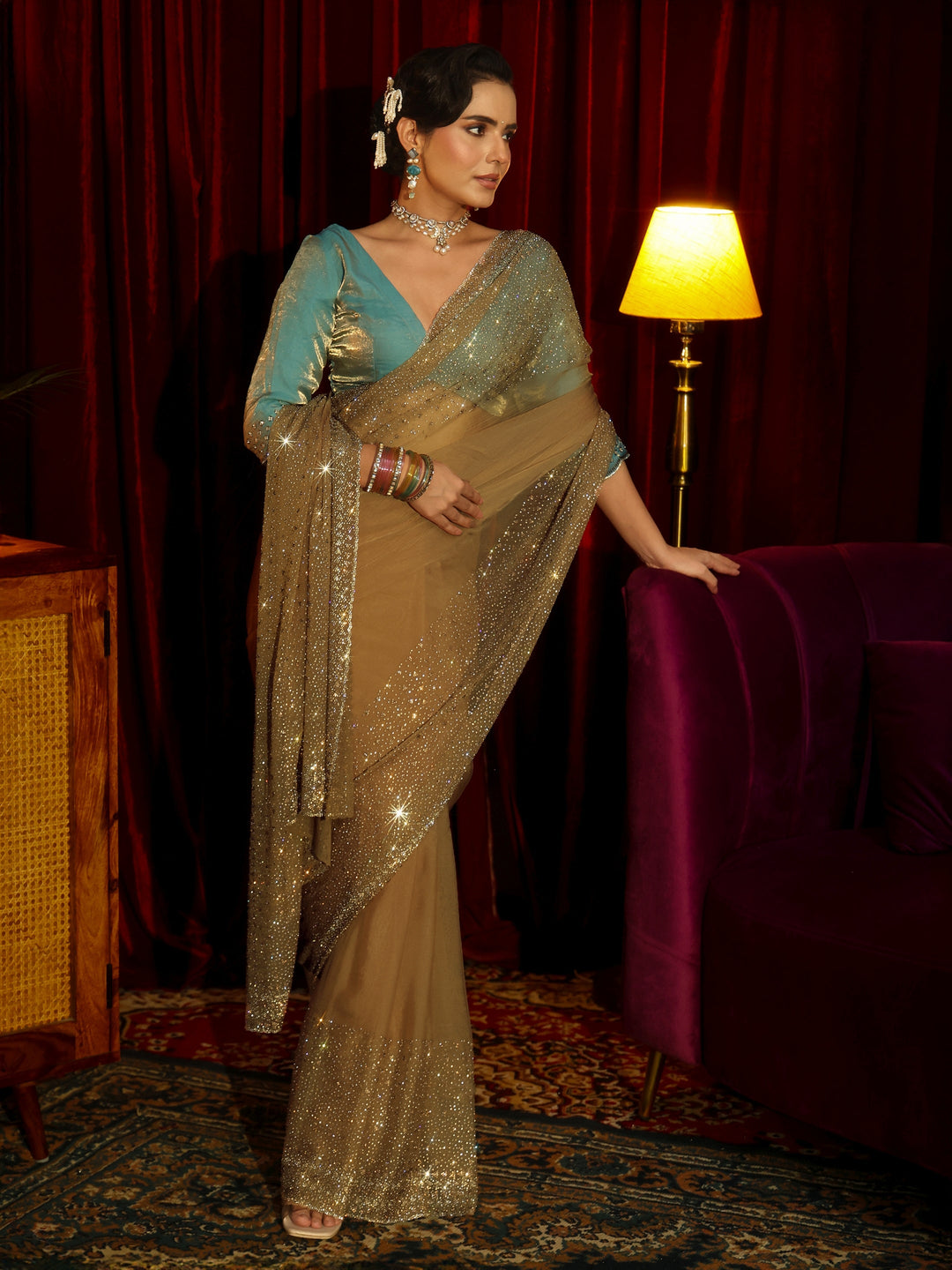Libas Art Peach Embellished Tissue Saree