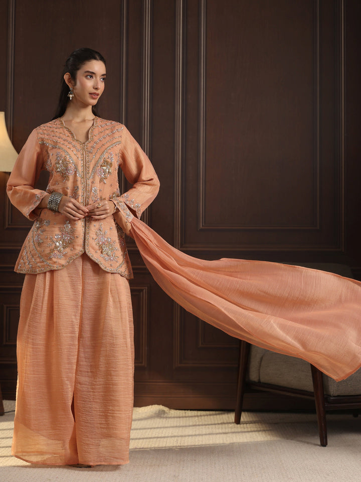 Libas Art Peach Embellished Top and Palazzo Tissue Co-Ord Set