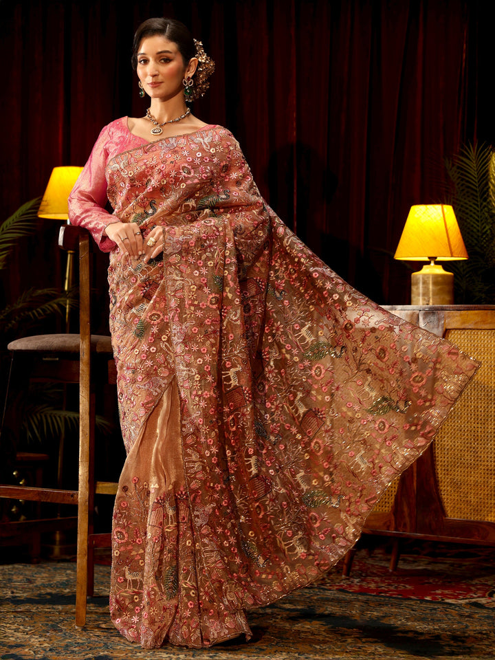 Libas Art Peach Floral Embroidered Tissue Saree