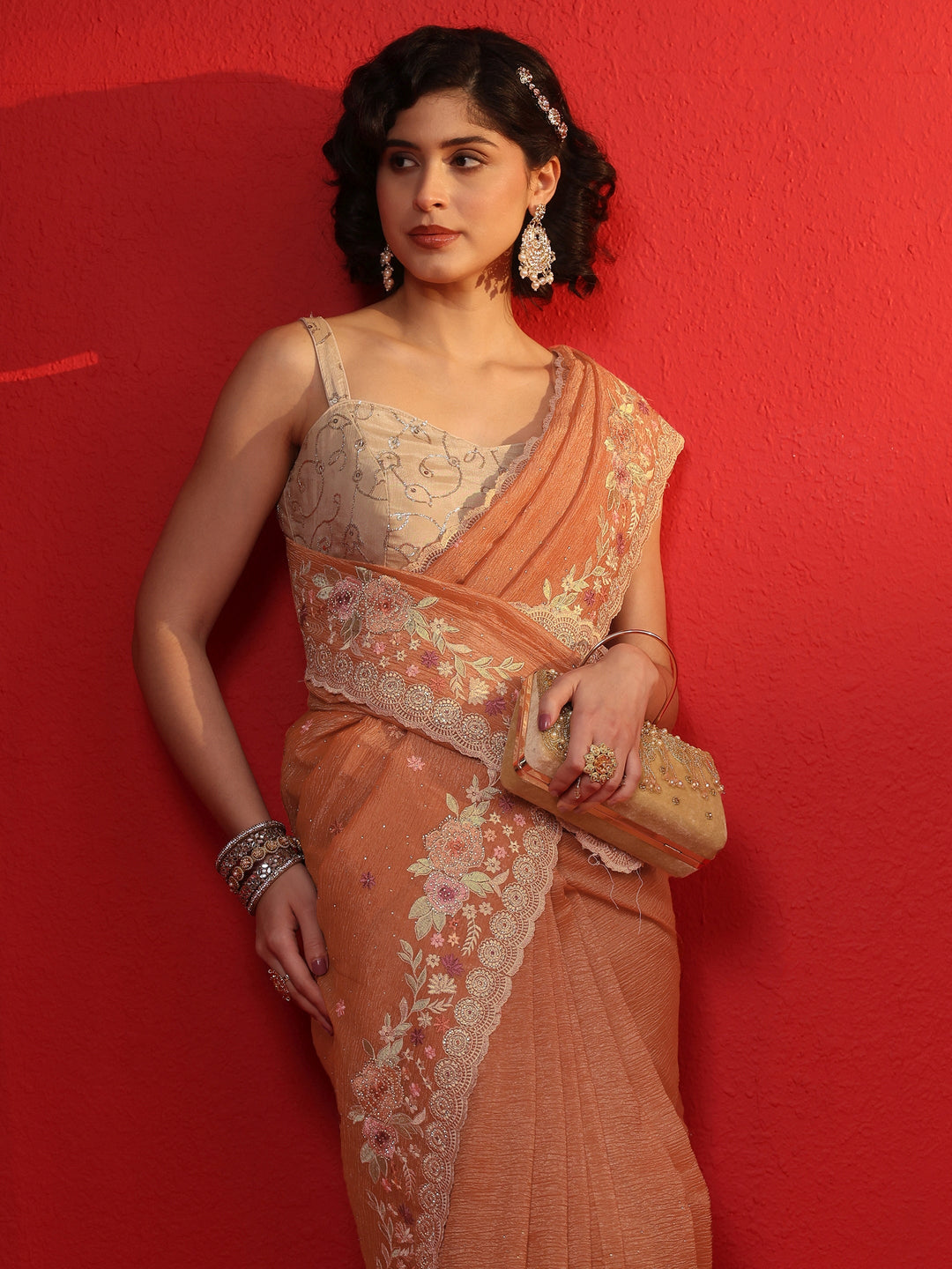 Libas Art Peach Floral Embroidered Tissue Saree