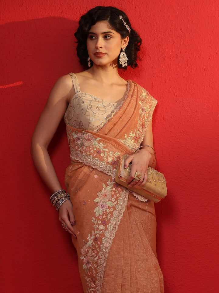 Libas Art Peach Floral Embroidered Tissue Saree