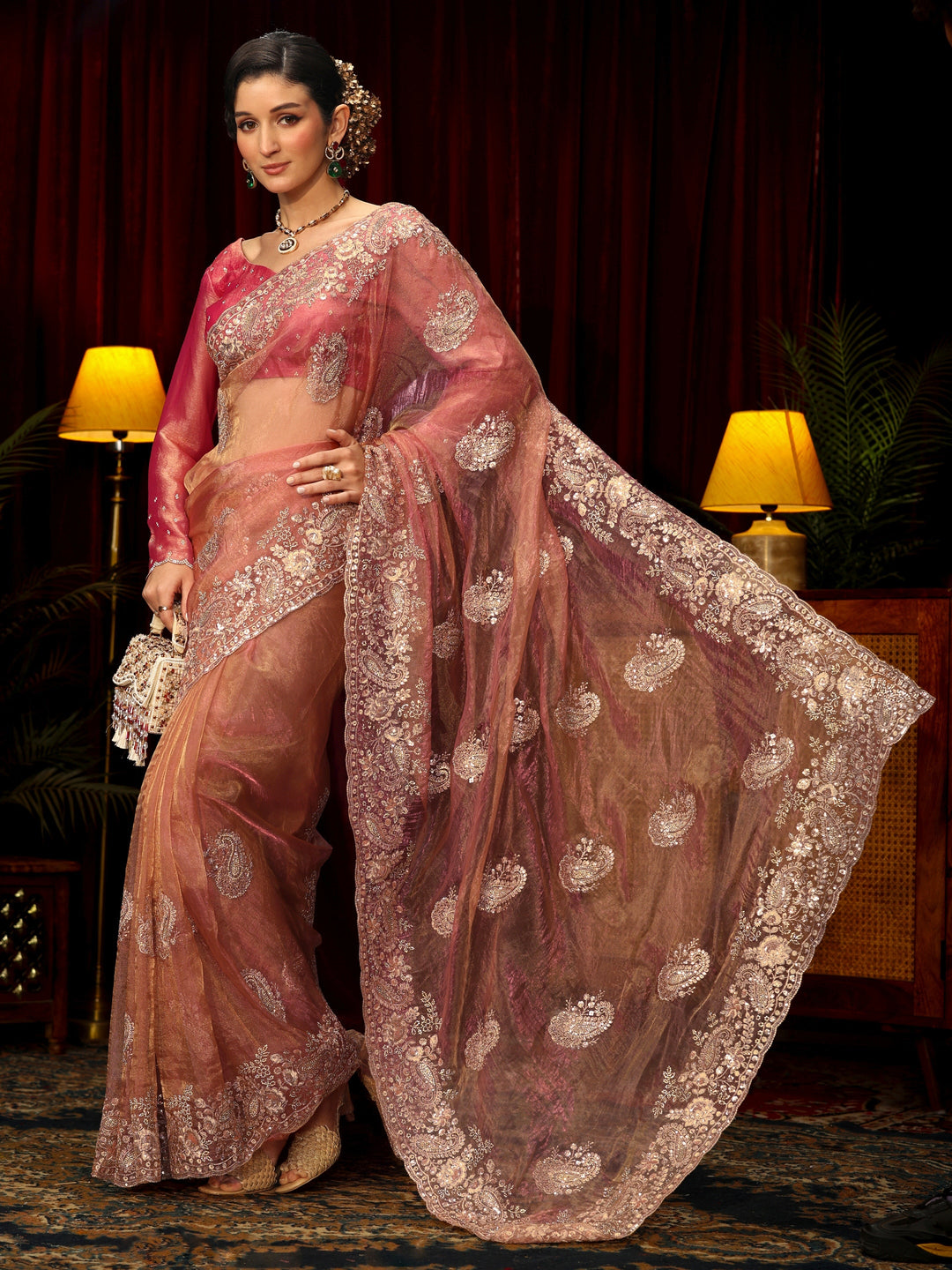 Libas Art Peach Paisley Sequin Embellished Tissue Saree