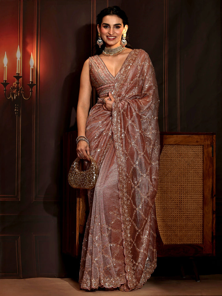 Libas Art Peach Pink Embellished Organza Saree