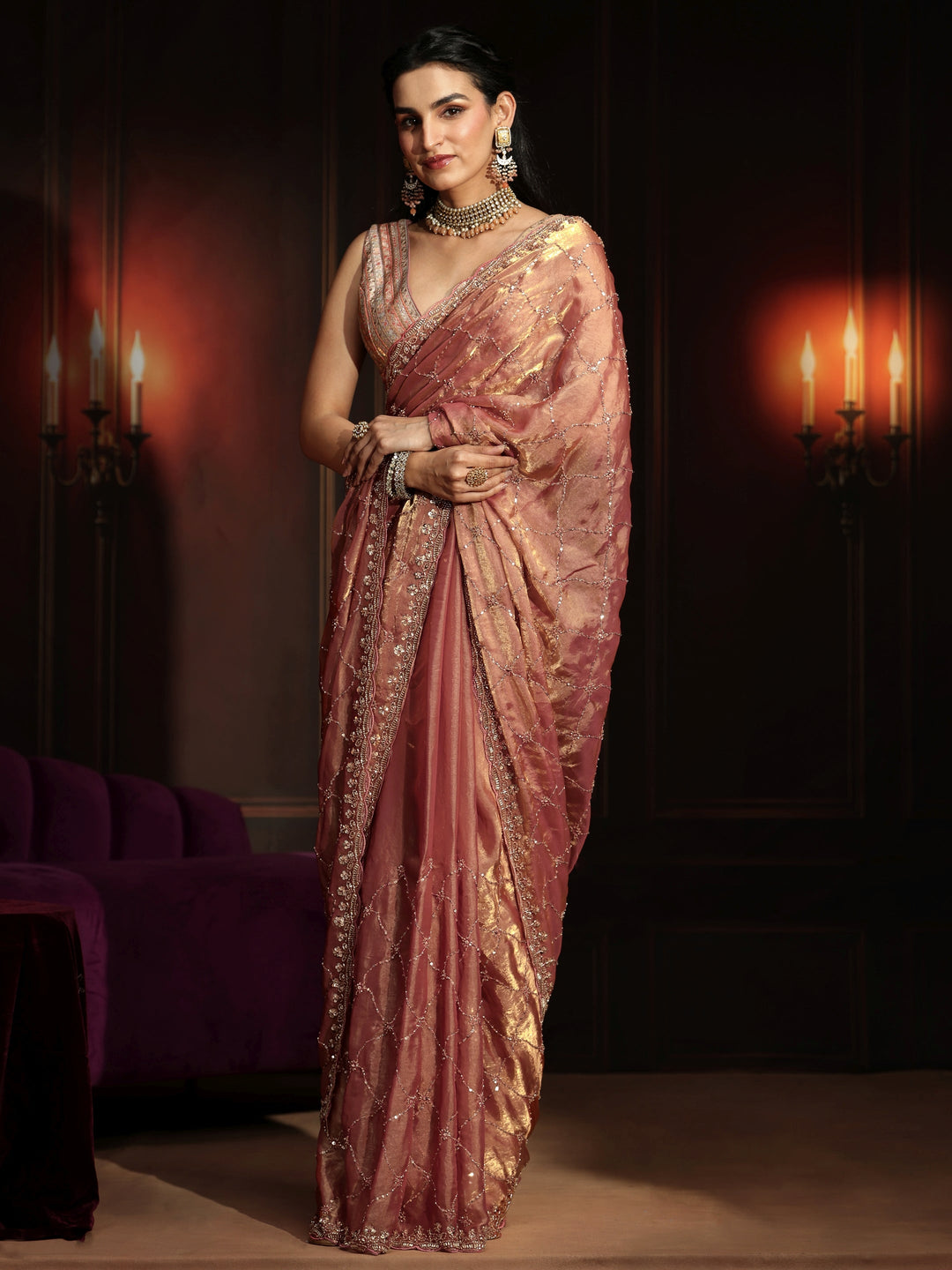 Libas Art Peach Pink Embellished Tissue Saree