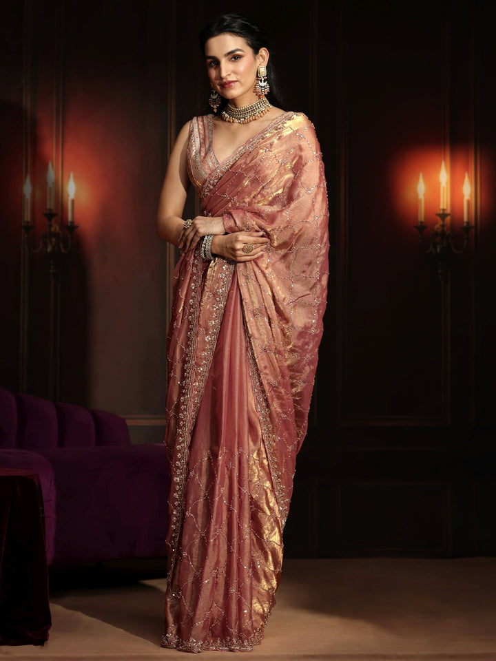 Libas Art Peach Pink Embellished Tissue Saree