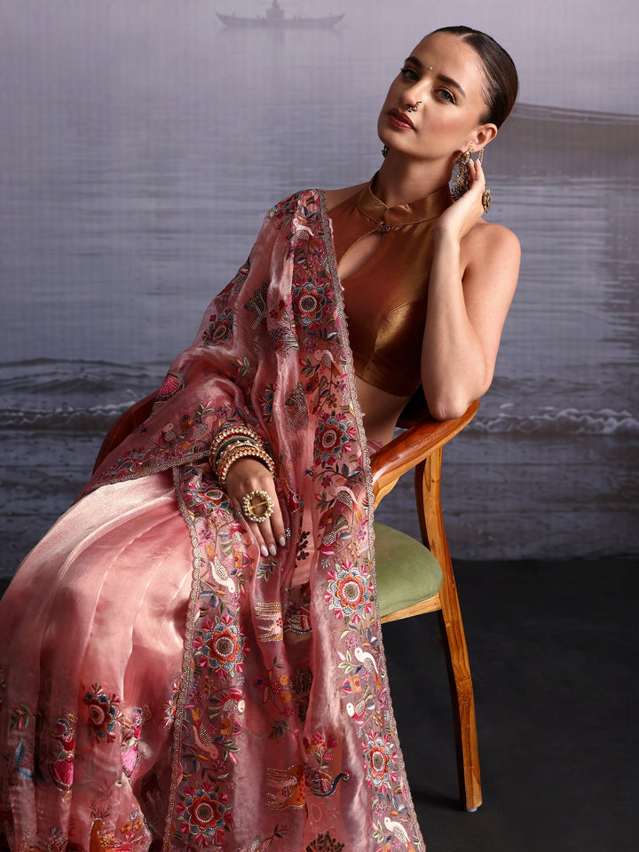 Libas Art Peach Pink Ethnic Embroidered Stone Work Tissue Saree