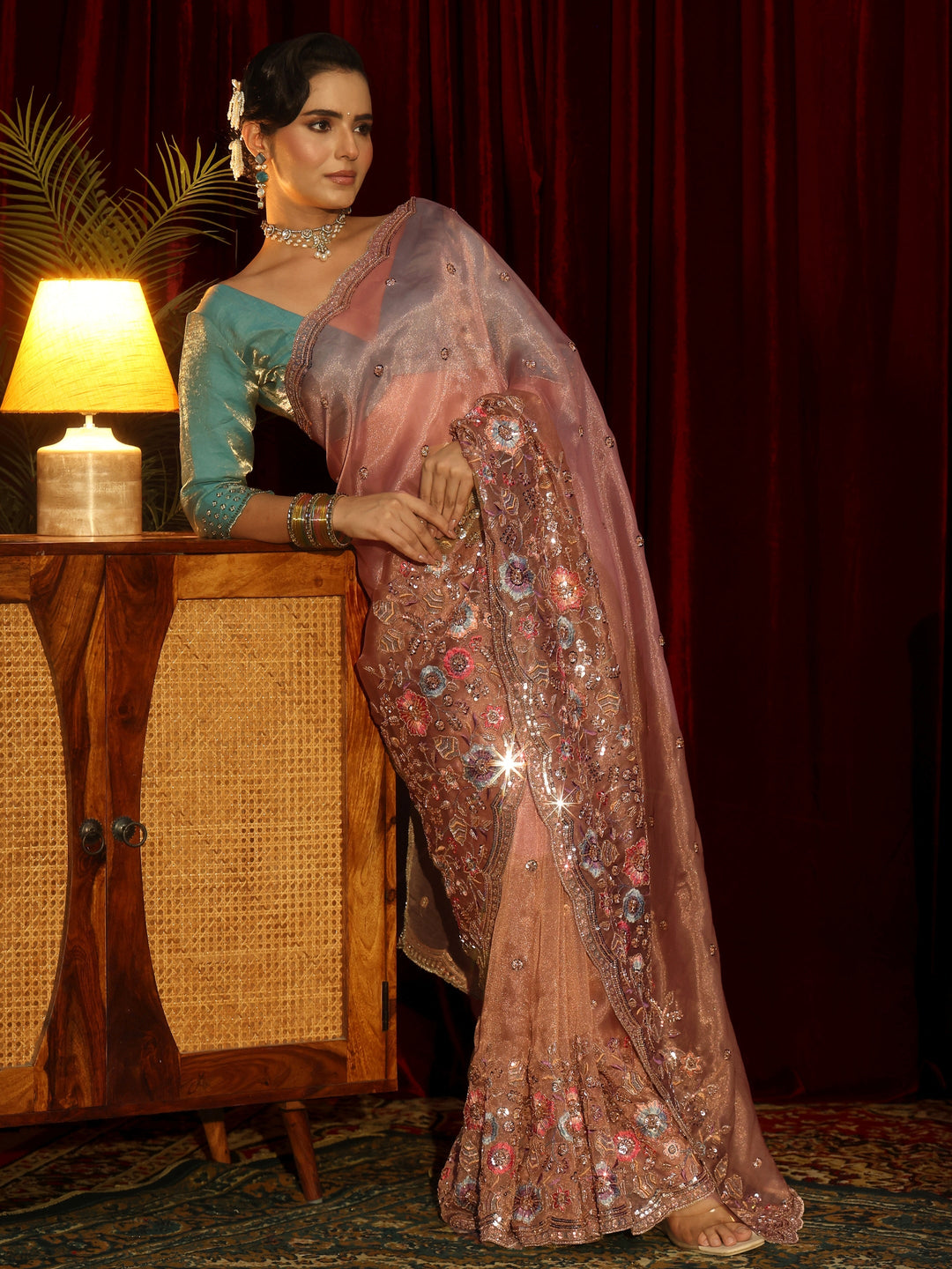 Libas Art Peach Pink Floral Embellished Tissue Saree