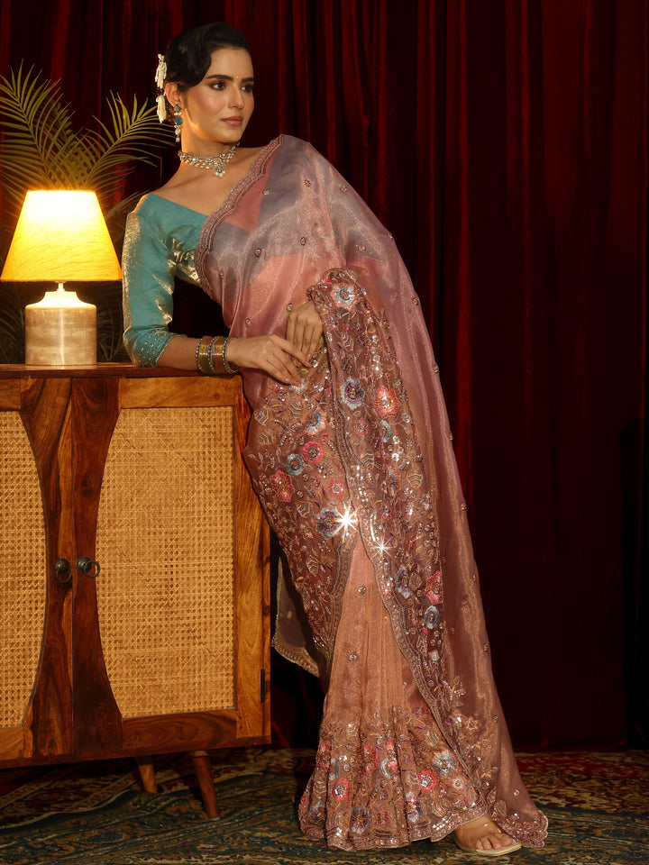 Libas Art Peach Pink Floral Embellished Tissue Saree