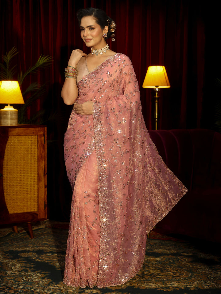 Libas Art Peach Pink Floral Embellished Tissue Saree