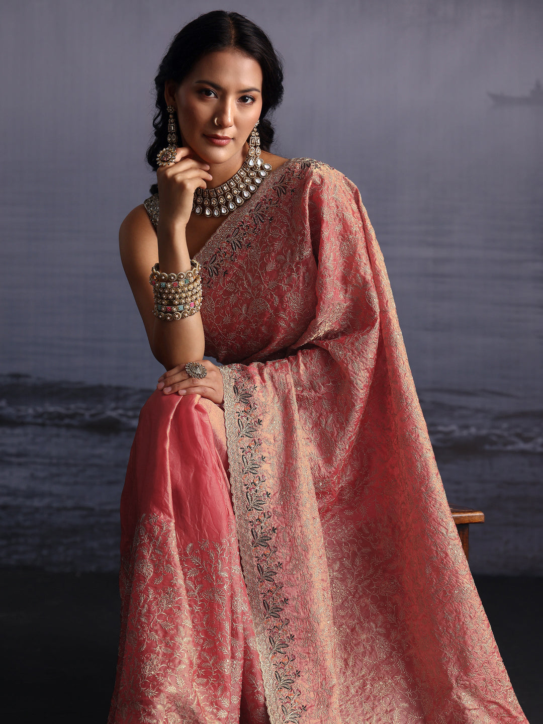 Libas Art Peach Pink Floral Embroidered Stone Work Tissue Saree