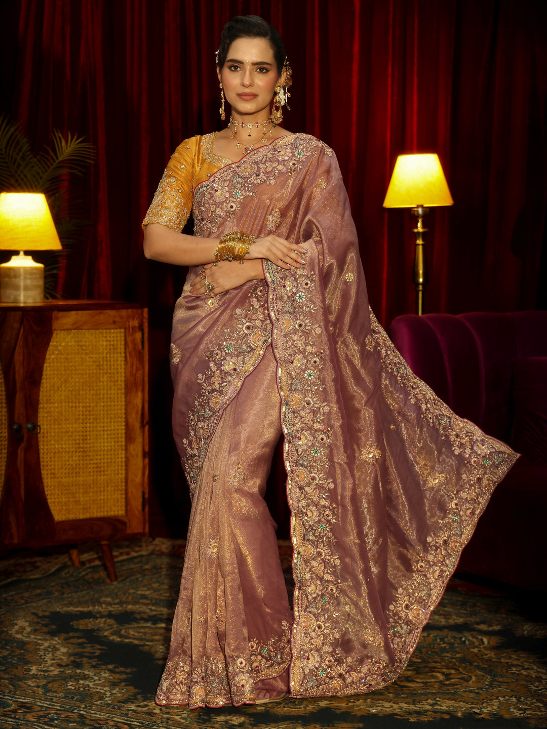 Libas Art Peach Pink Floral Embroidered Tissue Saree