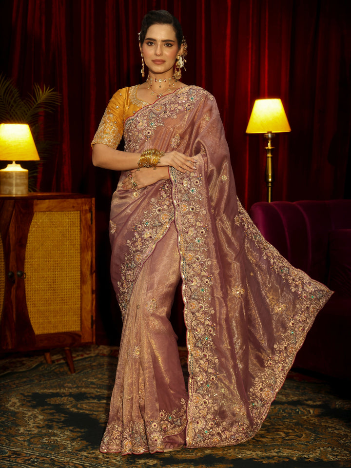 Libas Art Peach Pink Floral Embroidered Tissue Saree
