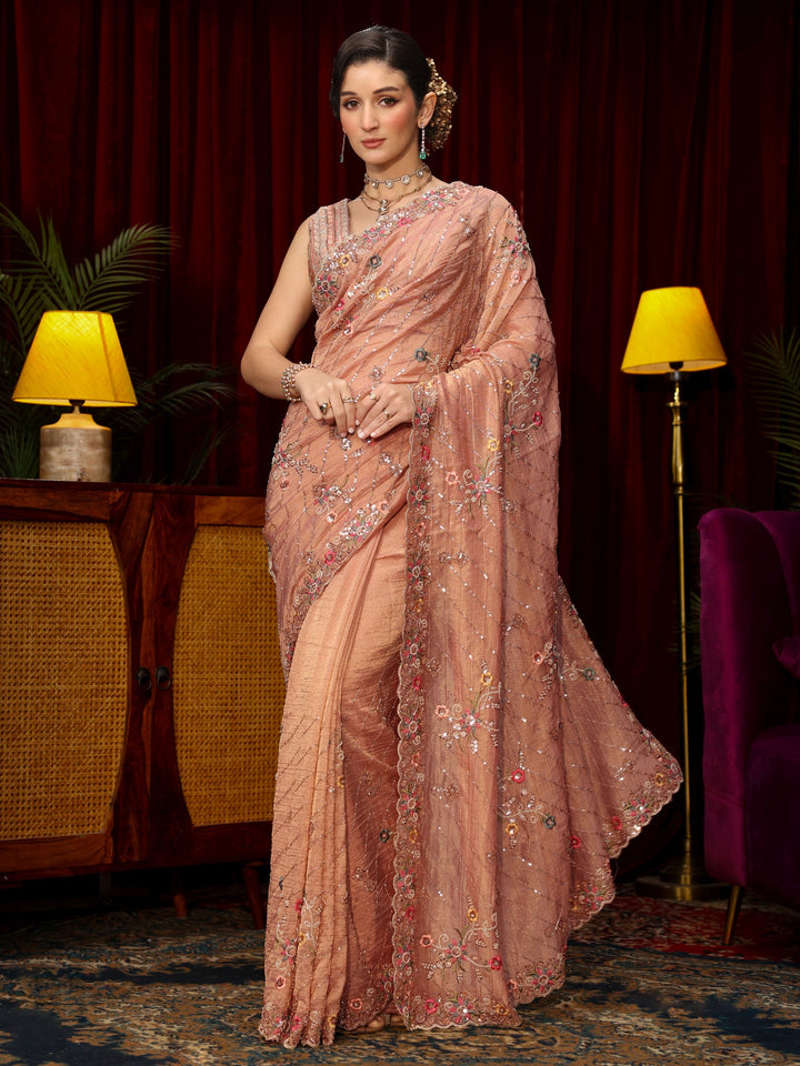 Libas Art Peach Pink Floral Sequin Embellished Tissue Saree