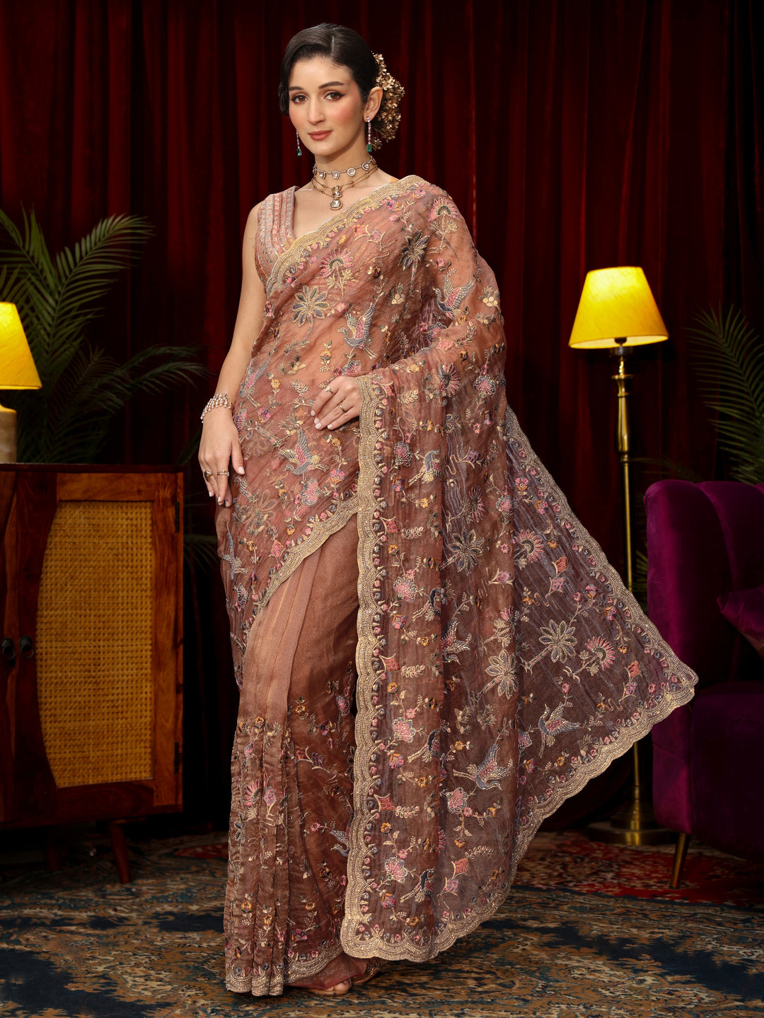Libas Art Peach Pink Floral Stone Work Embellished Tissue Saree