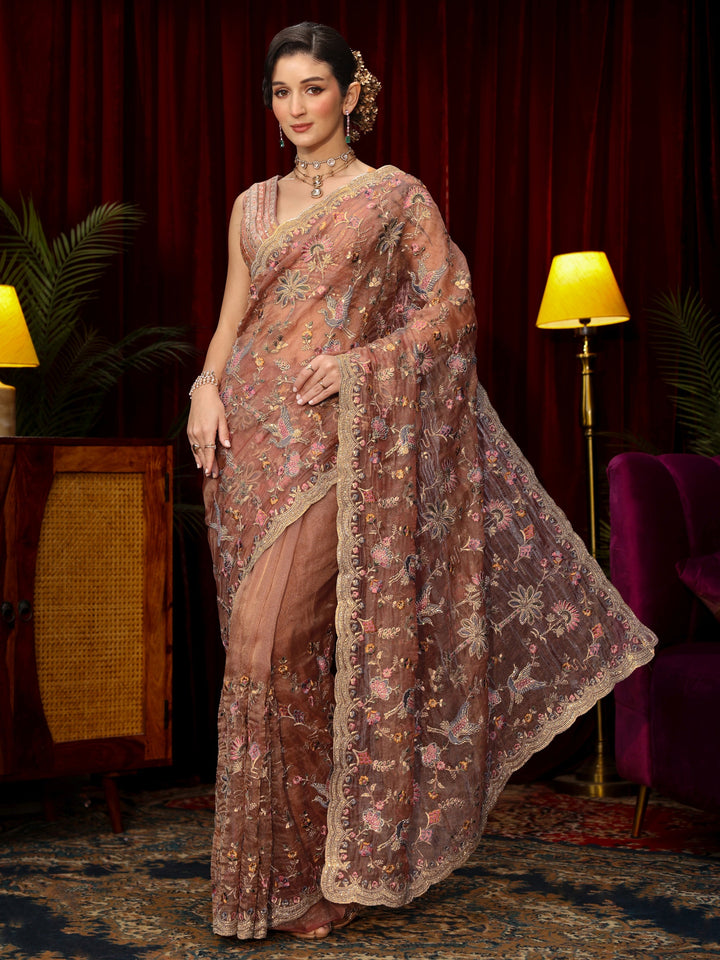 Libas Art Peach Pink Floral Stone Work Embellished Tissue Saree