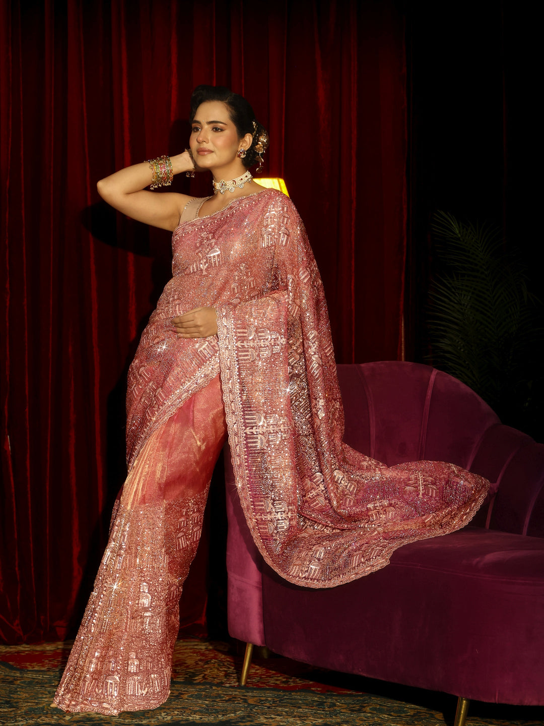 Libas Art Peach Pink Sequin Embellished Tissue Saree