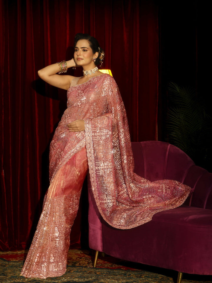 Libas Art Peach Pink Sequin Embellished Tissue Saree