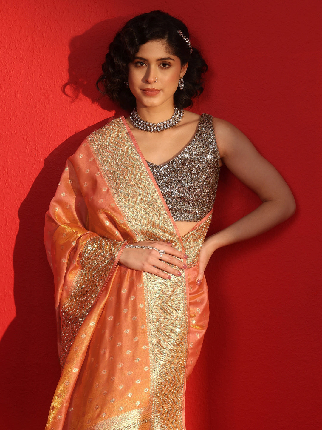 Libas Art Peach Woven Design Silk Blend Saree with Embellished Border