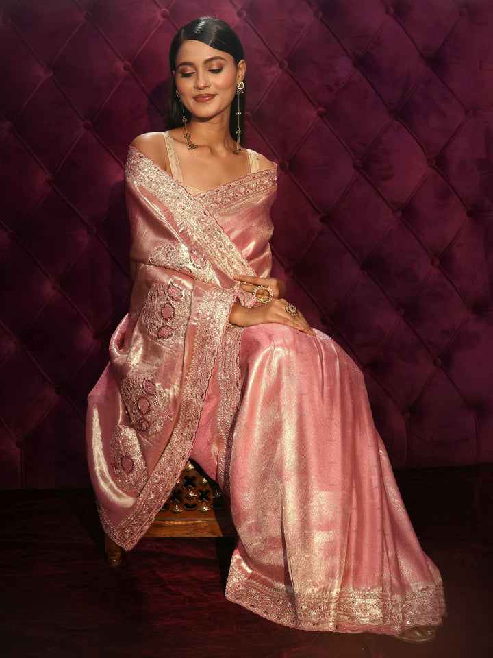 Libas Art Peach Woven Design Silk Blend Saree with Embellished Pallu