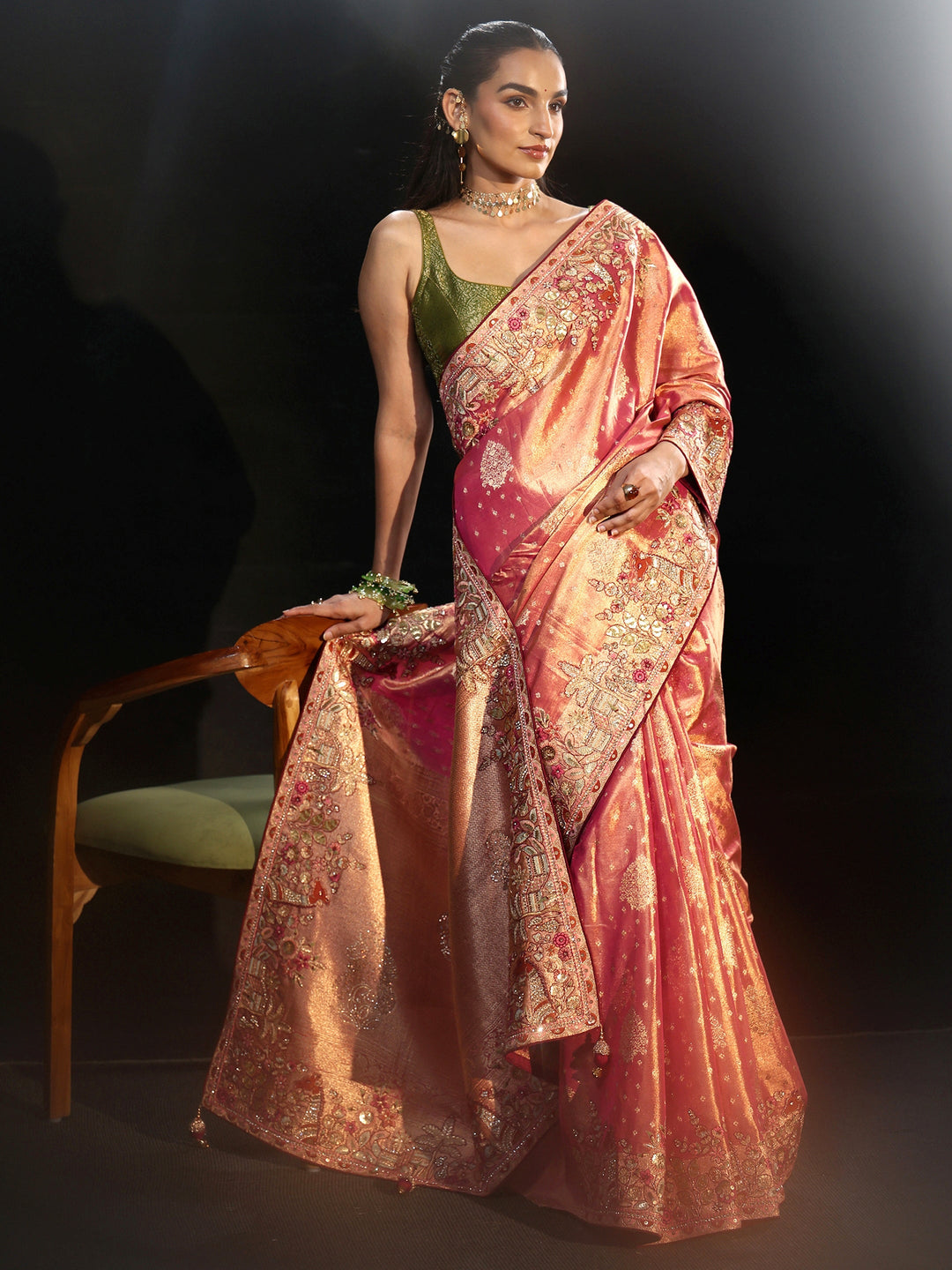 Libas Art Peach Woven Design Silk Blend Saree with Embroidered Border