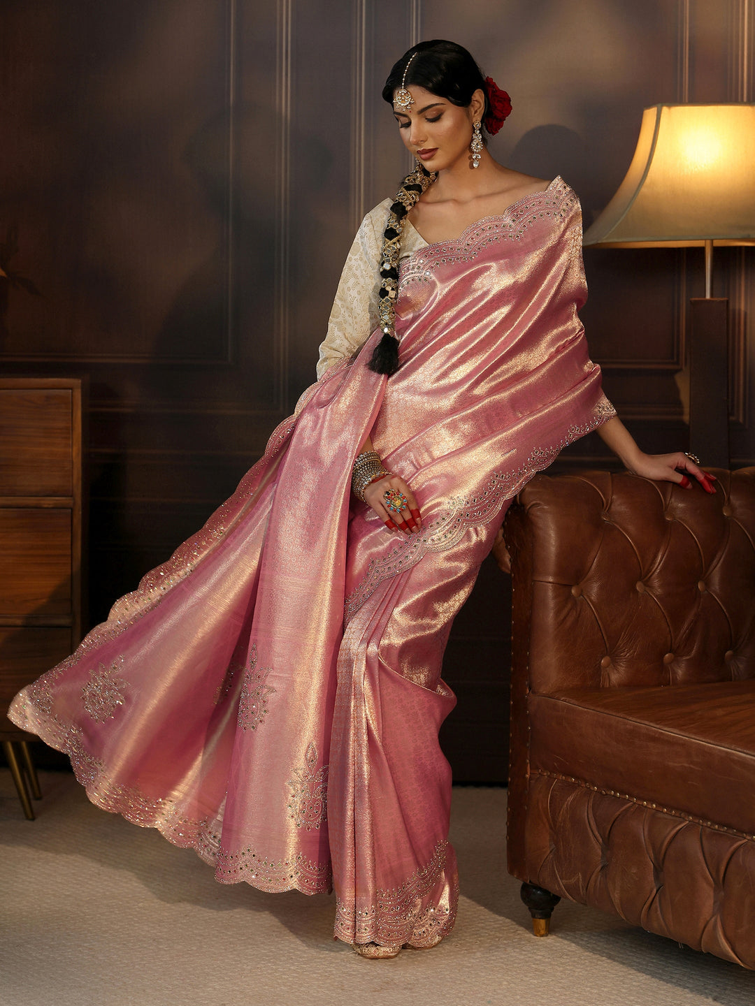 Libas Art Peach Woven Design Silk Saree with Embellished Border