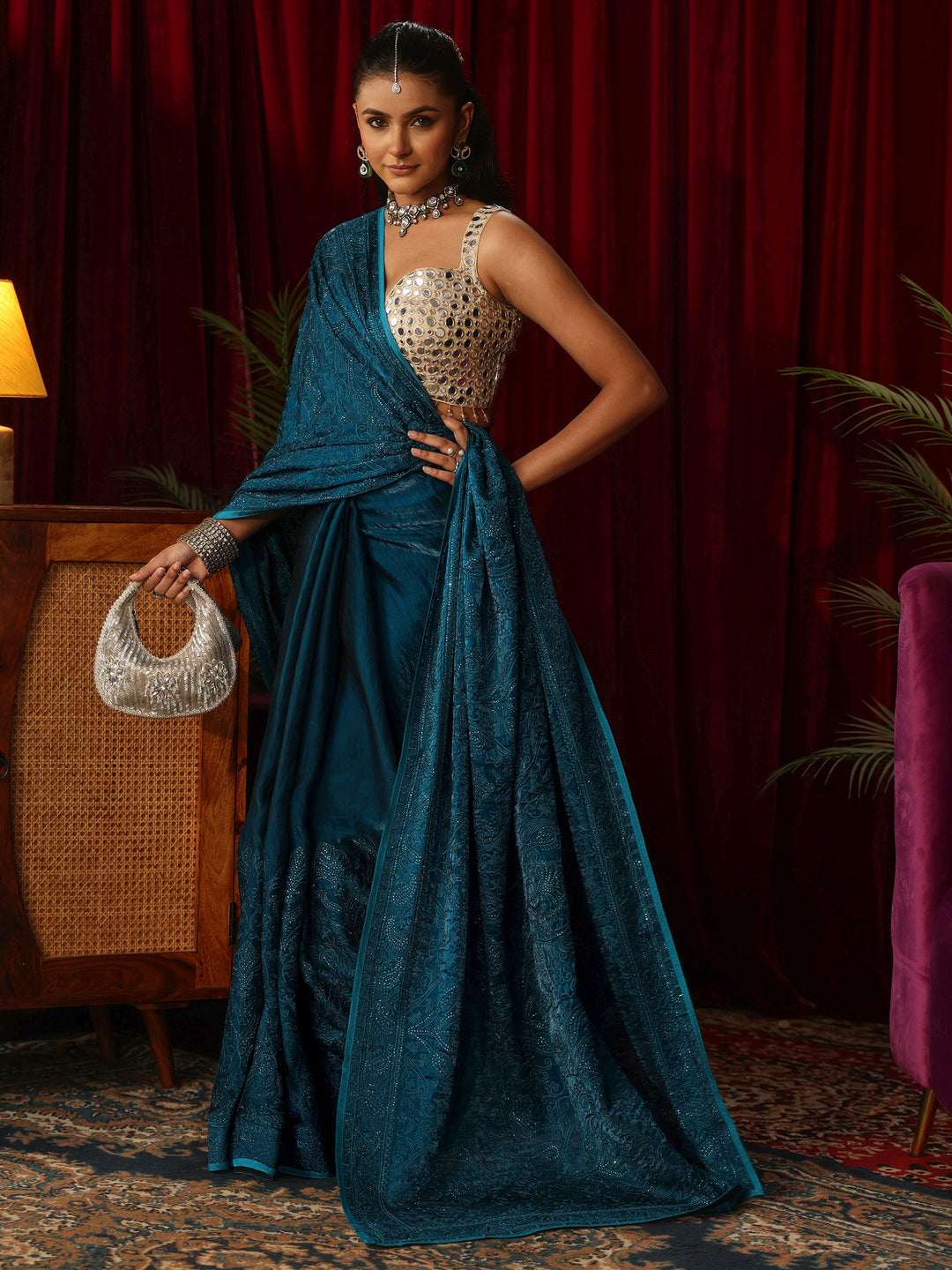 Libas Art Peacock Blue Embroidered Tissue Saree with Stone Work