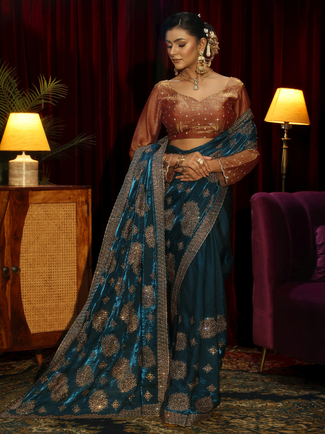 Libas Art Peacock Blue Stone Work Embellished Tissue Saree