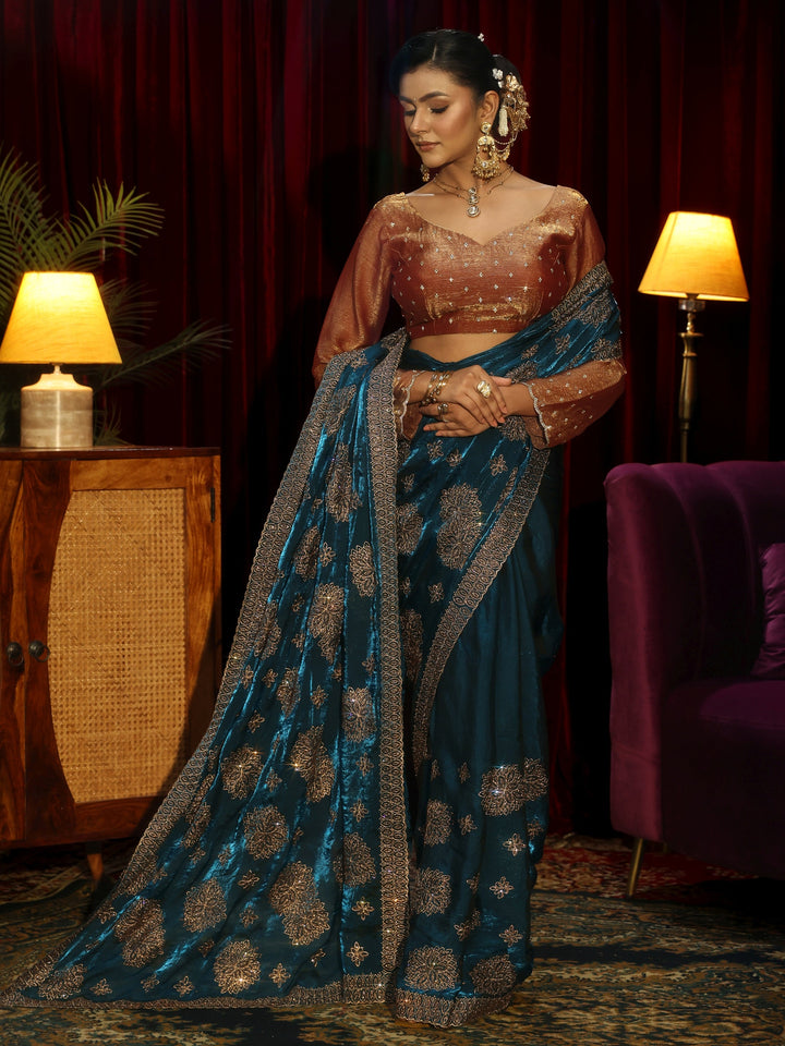 Libas Art Peacock Blue Stone Work Embellished Tissue Saree