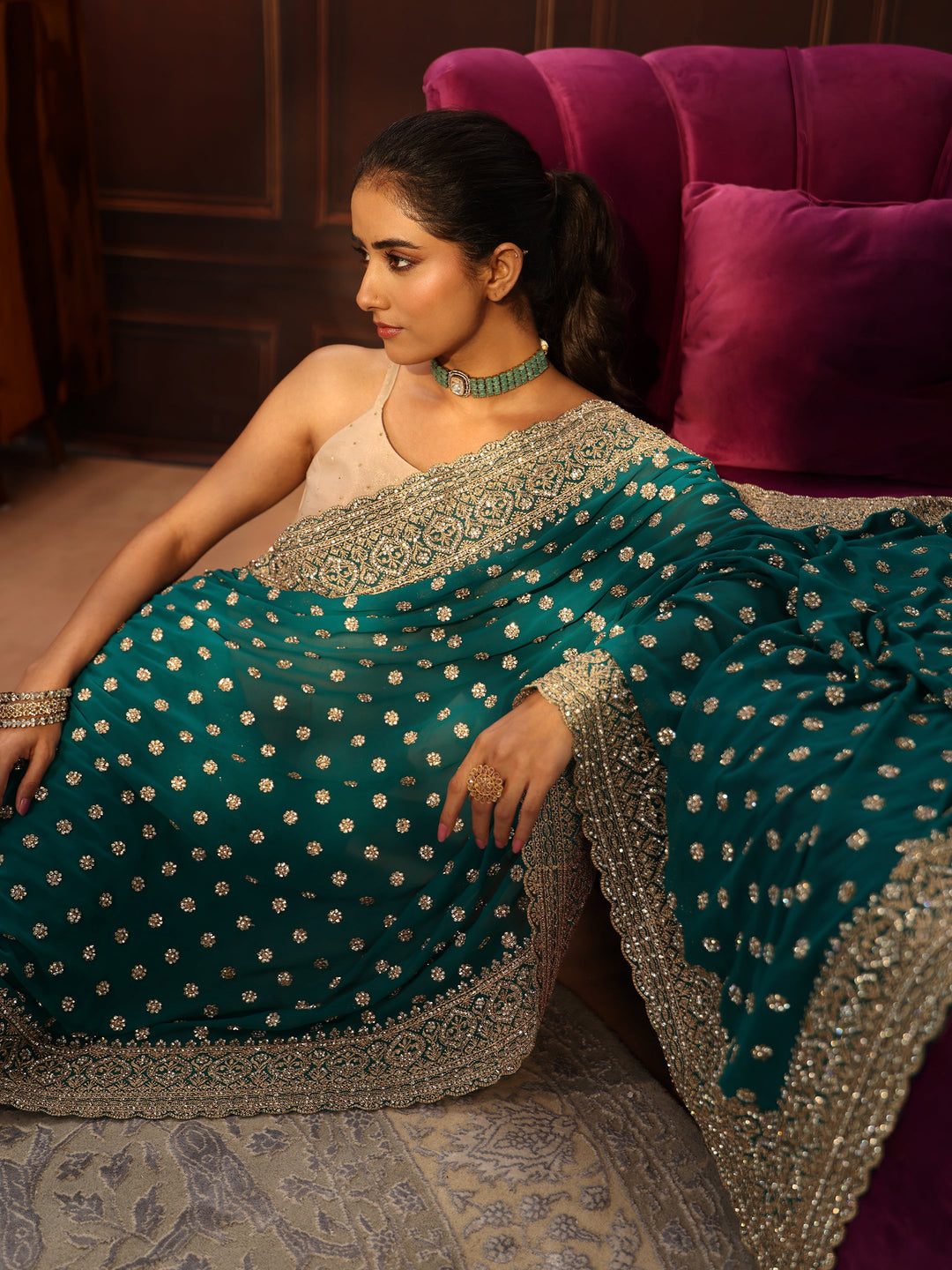 Libas Art Peacock Green Embellished Georgette Saree