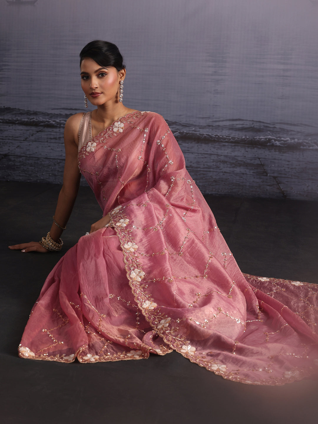 Libas Art Pink Beads and Sequin Embellished Tissue Saree