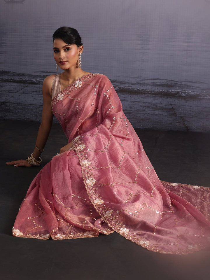 Libas Art Pink Beads and Sequin Embellished Tissue Saree